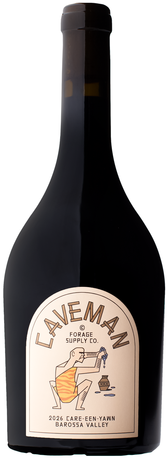 Bottle of Forage Supply Co 2026 Caveman Carignan, a vibrant Barossa red wine featuring the distinctive Caveman label design.