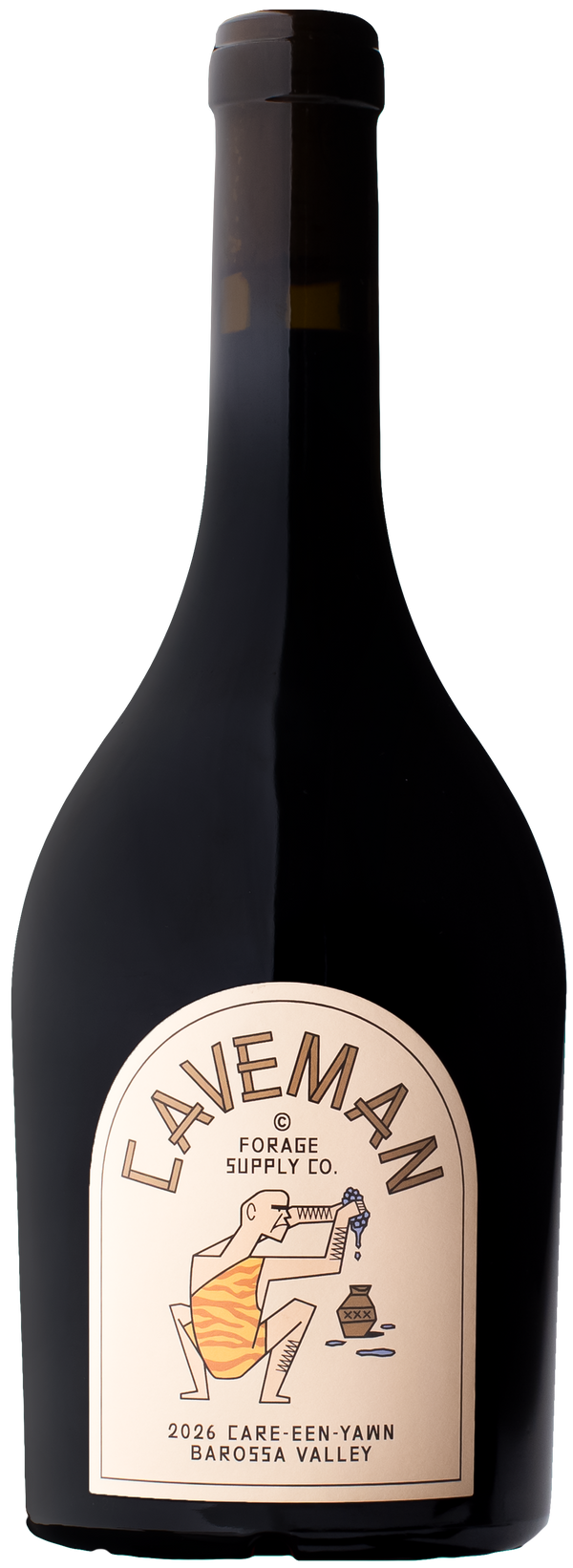 Bottle of Forage Supply Co 2026 Caveman Carignan, a vibrant Barossa red wine featuring the distinctive Caveman label design.