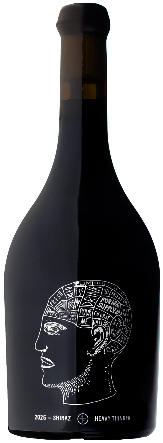 Bottle of Forage Supply Co 2026 Heavy Thinker Shiraz, a bold Barossa red wine featuring the distinctive Heavy Thinker label design.