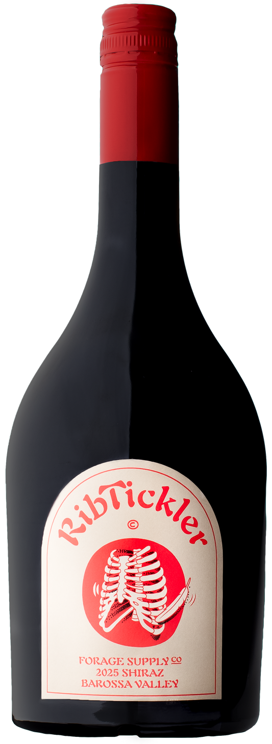 Bottle of Forage Supply Co 2025 Rib Tickler Shiraz, a bold Barossa red wine featuring the distinctive Rib Tickler label design.